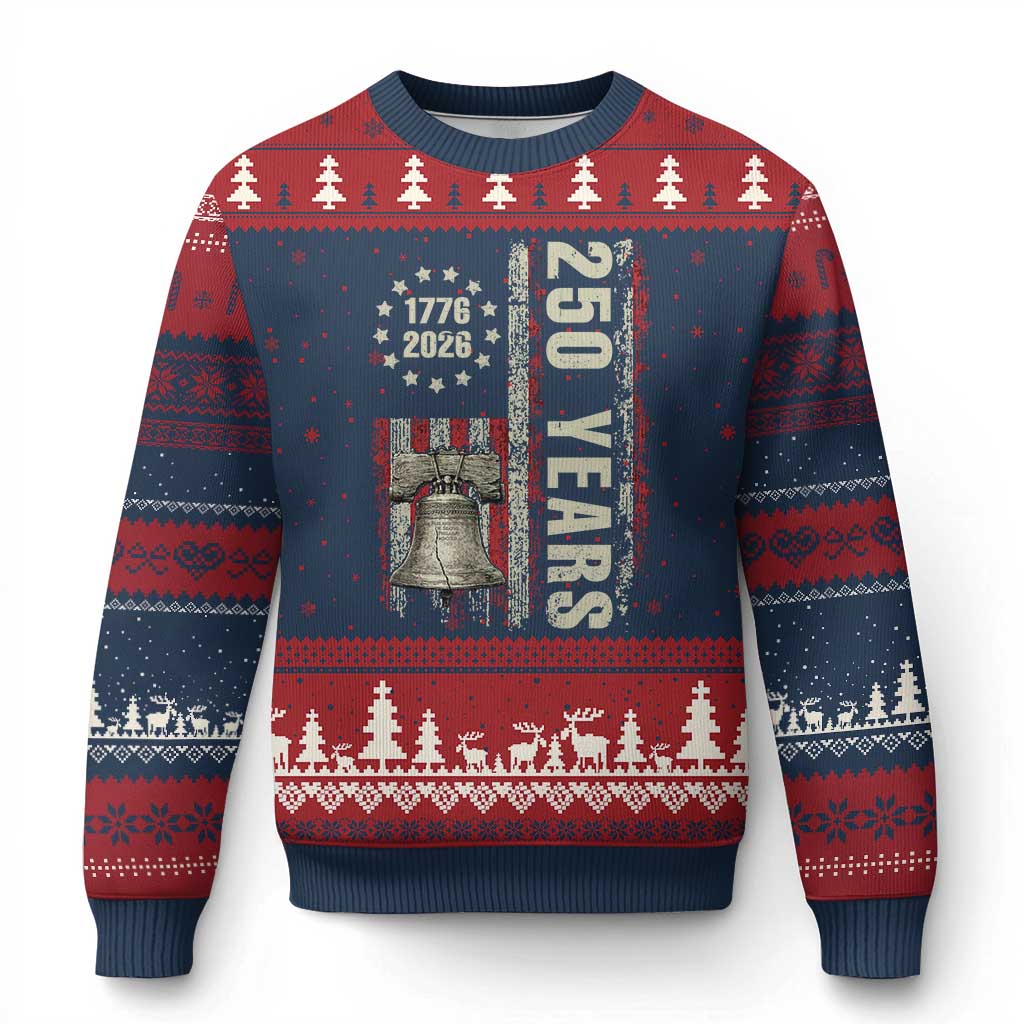 250th Anniversary USA Ugly Christmas Sweater Patriotic Liberty Bell 1776 2026 American Flag TS14 Navy Red Print Your Wear