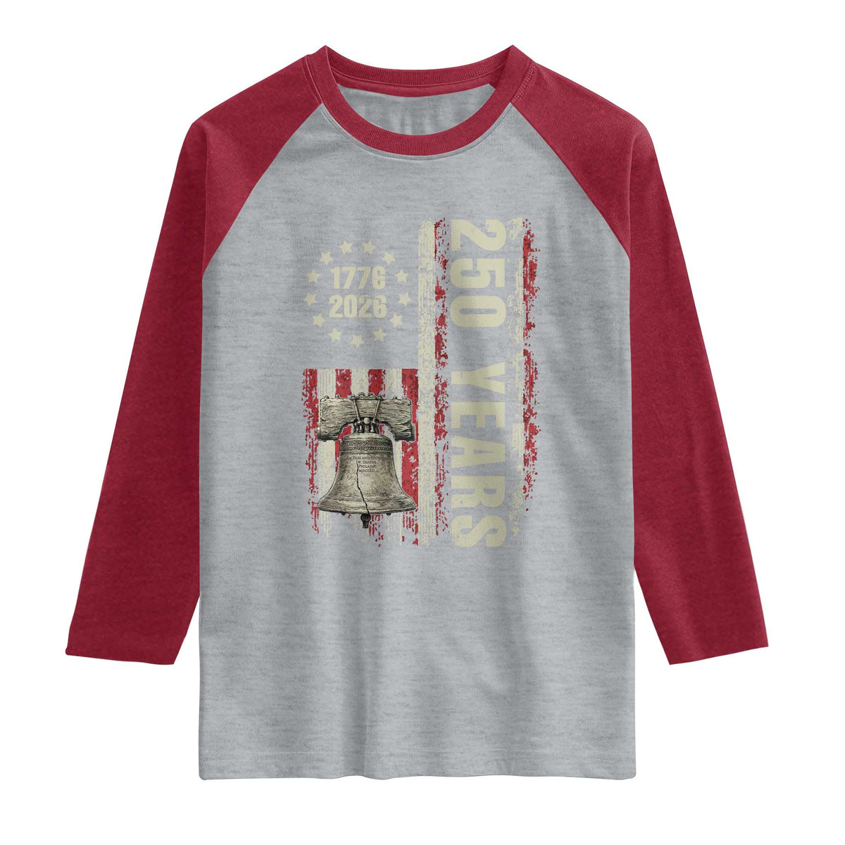 250th Anniversary USA Raglan Shirt Patriotic Liberty Bell 1776 2026 American Flag TS14 Heather Gray Heather Red Print Your Wear