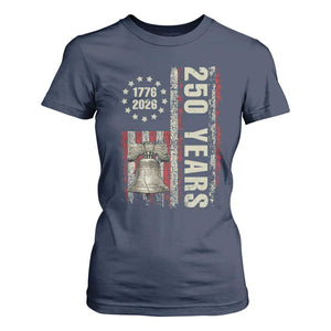 250th Anniversary USA T Shirt For Women Patriotic Liberty Bell 1776 2026 American Flag TS14 Navy Print Your Wear