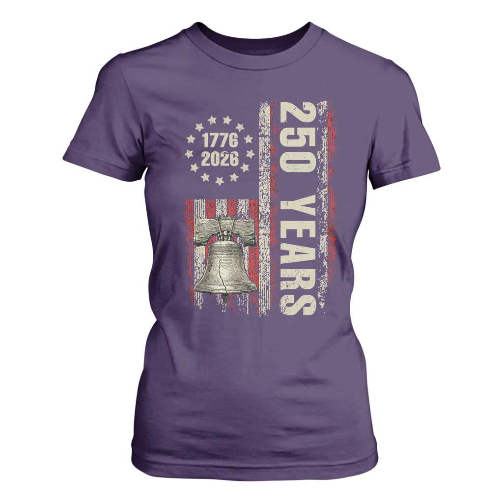 250th Anniversary USA T Shirt For Women Patriotic Liberty Bell 1776 2026 American Flag TS14 Purple Print Your Wear