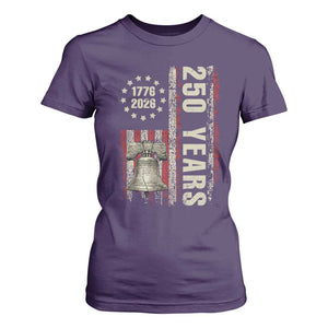 250th Anniversary USA T Shirt For Women Patriotic Liberty Bell 1776 2026 American Flag TS14 Purple Print Your Wear
