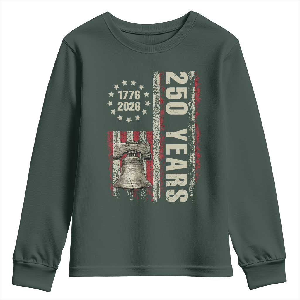 250th Anniversary USA Youth Sweatshirt Patriotic Liberty Bell 1776 2026 American Flag TS14 Dark Forest Green Print Your Wear
