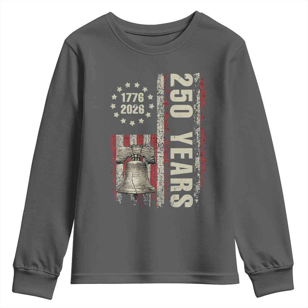 250th Anniversary USA Youth Sweatshirt Patriotic Liberty Bell 1776 2026 American Flag TS14 Dark Heather Print Your Wear