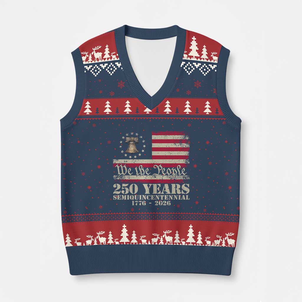 250th Anniversary USA V-Neck Knit Sweater Vest Patriotic Liberty Bell 1776 2026 Independence Day TS14 Navy Red Print Your Wear