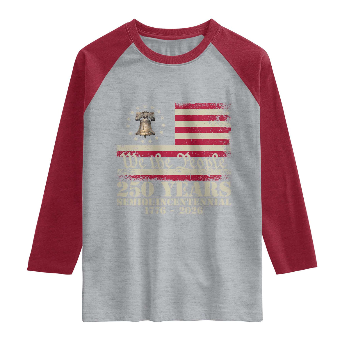 250th Anniversary USA Raglan Shirt Patriotic Liberty Bell 1776 2026 Independence Day TS14 Heather Gray Heather Red Print Your Wear