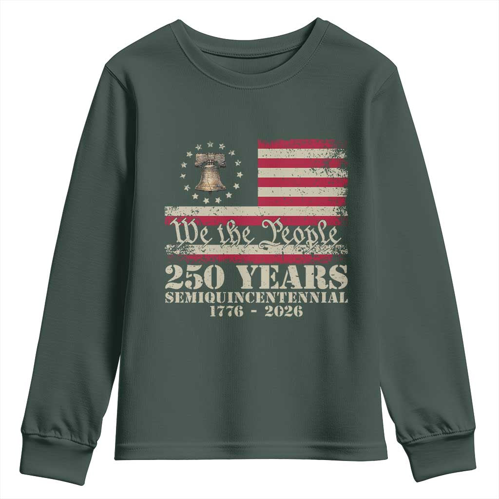 250th Anniversary USA Youth Sweatshirt Patriotic Liberty Bell 1776 2026 Independence Day TS14 Dark Forest Green Print Your Wear