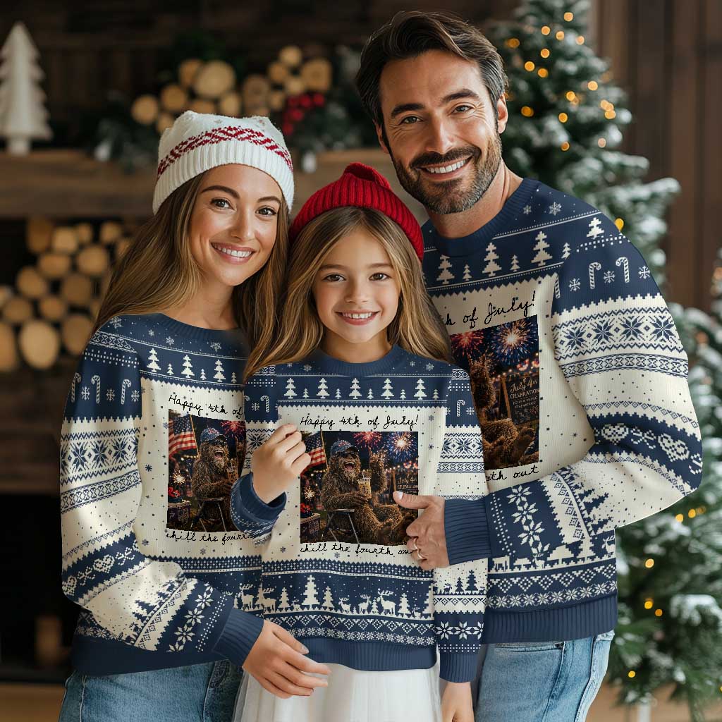 Funny Bigfoot 4th of July Ugly Christmas Sweater Patriotic Sasquatch American Flag Party Festival TS14 Beige Navy Print Your Wear