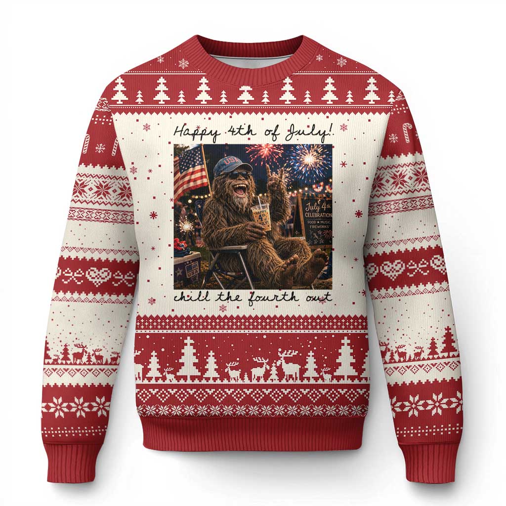 Funny Bigfoot 4th of July Ugly Christmas Sweater Patriotic Sasquatch American Flag Party Festival TS14 Beige Red Print Your Wear