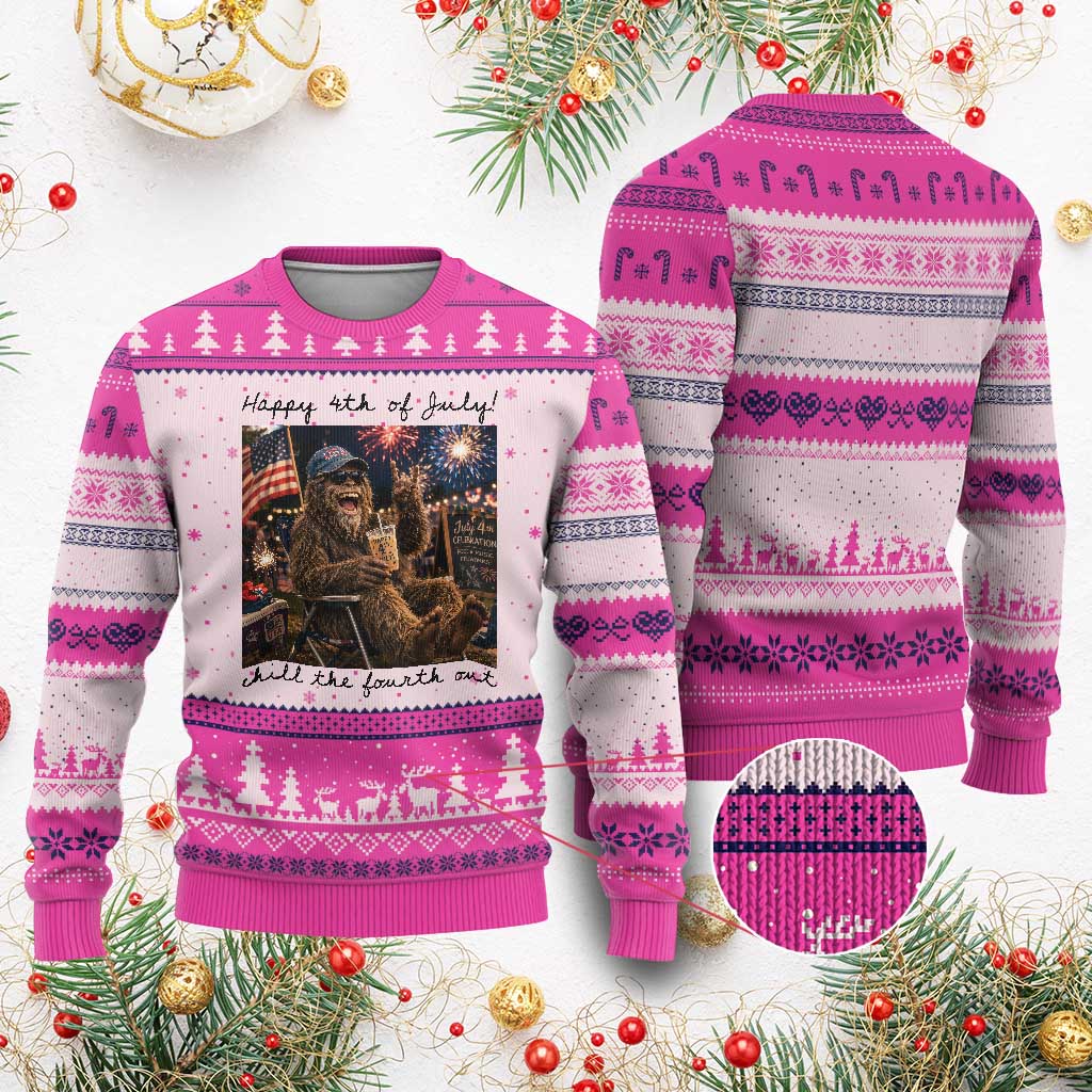 Funny Bigfoot 4th of July Ugly Christmas Sweater Patriotic Sasquatch American Flag Party Festival TS14 Hot Pink Print Your Wear