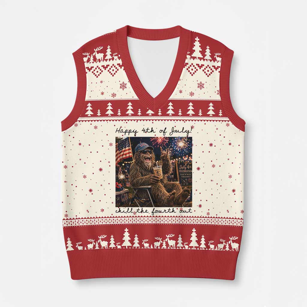 Funny Bigfoot 4th of July V-Neck Knit Sweater Vest Patriotic Sasquatch American Flag Party Festival TS14 Beige Red Print Your Wear