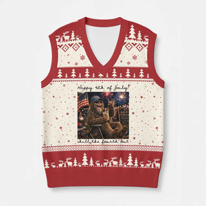Funny Bigfoot 4th of July V-Neck Knit Sweater Vest Patriotic Sasquatch American Flag Party Festival TS14 Beige Red Print Your Wear