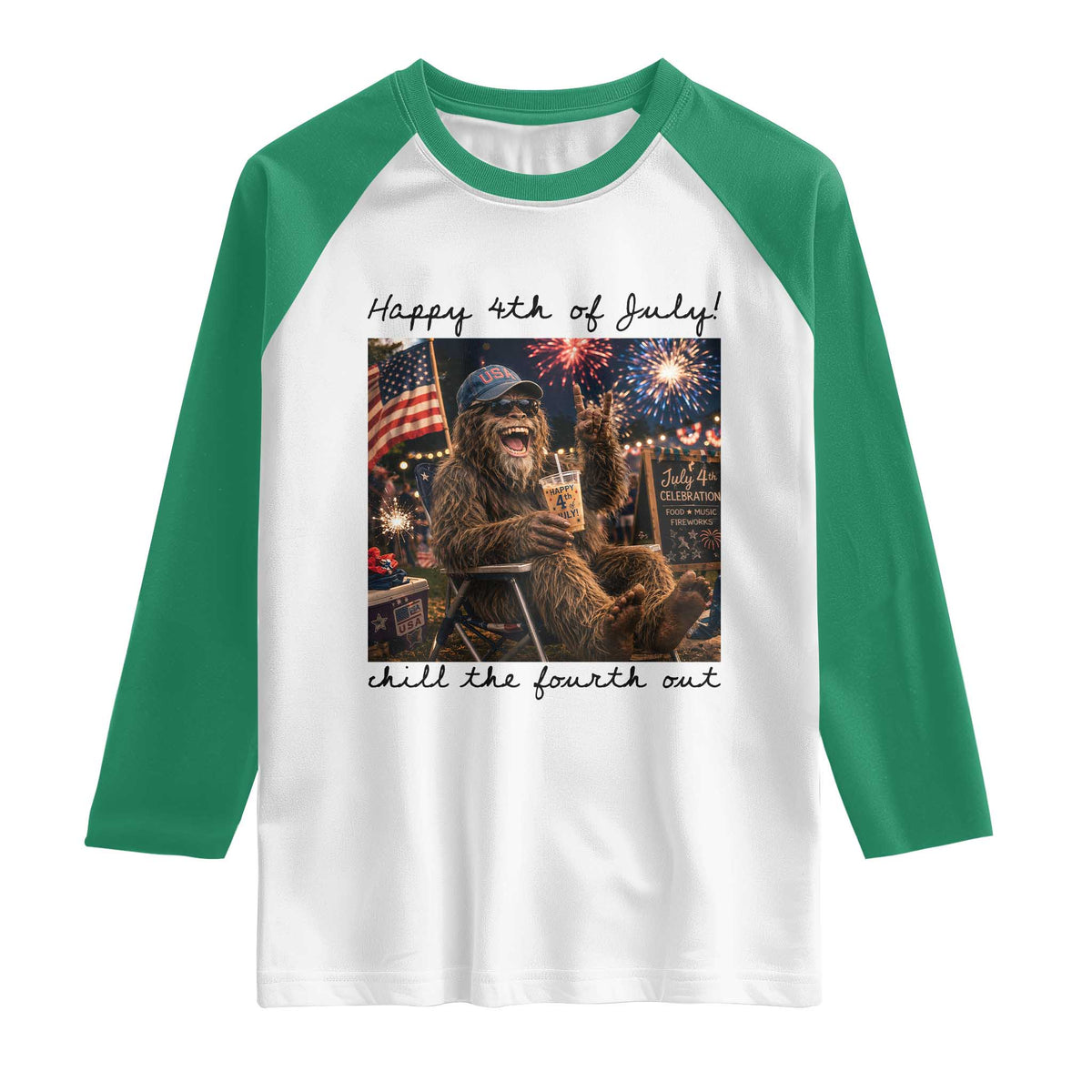 Funny Bigfoot 4th of July Raglan Shirt Patriotic Sasquatch American Flag Party Festival TS14 White Kelly Green Print Your Wear