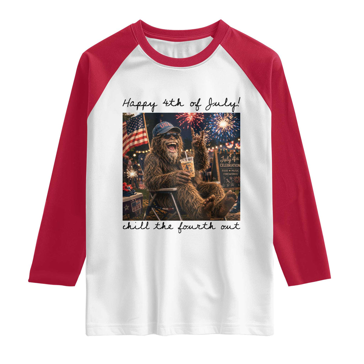 Funny Bigfoot 4th of July Raglan Shirt Patriotic Sasquatch American Flag Party Festival TS14 White Red Print Your Wear