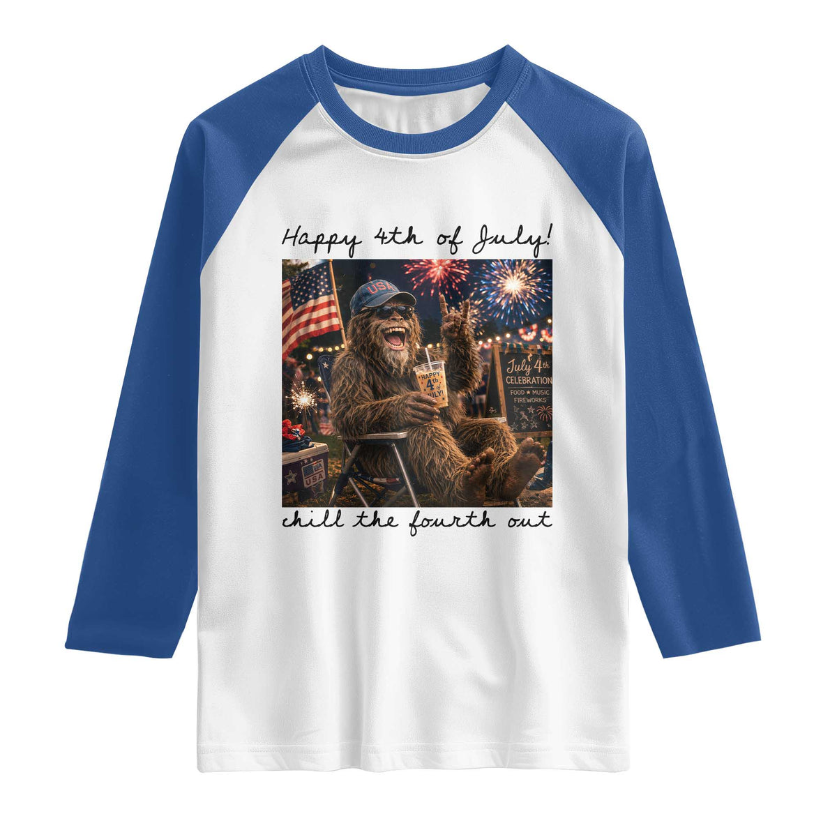 Funny Bigfoot 4th of July Raglan Shirt Patriotic Sasquatch American Flag Party Festival TS14 White Royal Print Your Wear