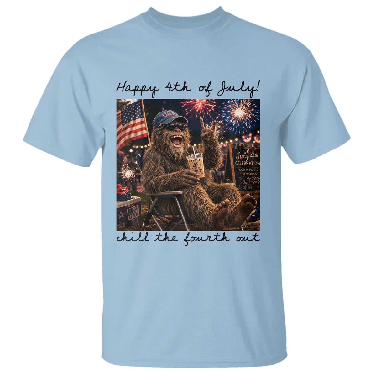Funny Bigfoot 4th of July T Shirt Patriotic Sasquatch American Flag Party Festival TS14 Light Blue Print Your Wear