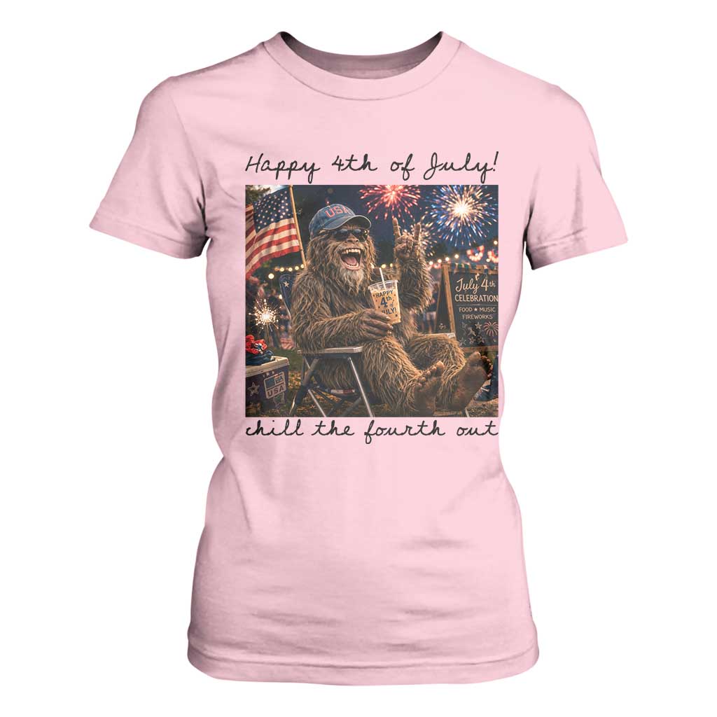 Funny Bigfoot 4th of July T Shirt For Women Patriotic Sasquatch American Flag Party Festival TS14 Light Pink Print Your Wear