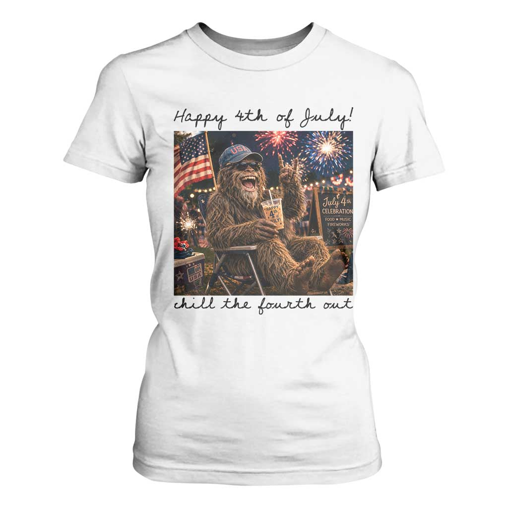 Funny Bigfoot 4th of July T Shirt For Women Patriotic Sasquatch American Flag Party Festival TS14 White Print Your Wear