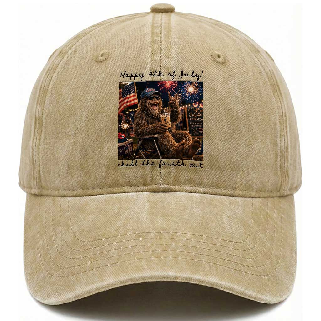 Funny Bigfoot 4th of July Washed Cotton Baseball Cap Patriotic Sasquatch American Flag Party Festival TS14 Print Your Wear