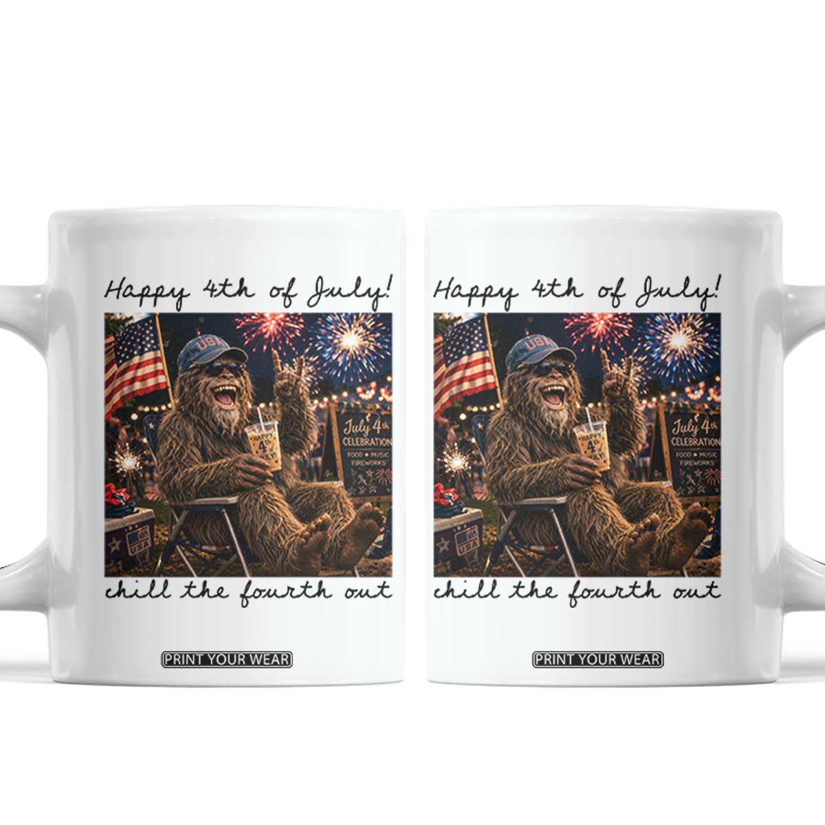 Funny Bigfoot 4th of July Coffee Mug Patriotic Sasquatch American Flag Party Festival TS14 White Print Your Wear