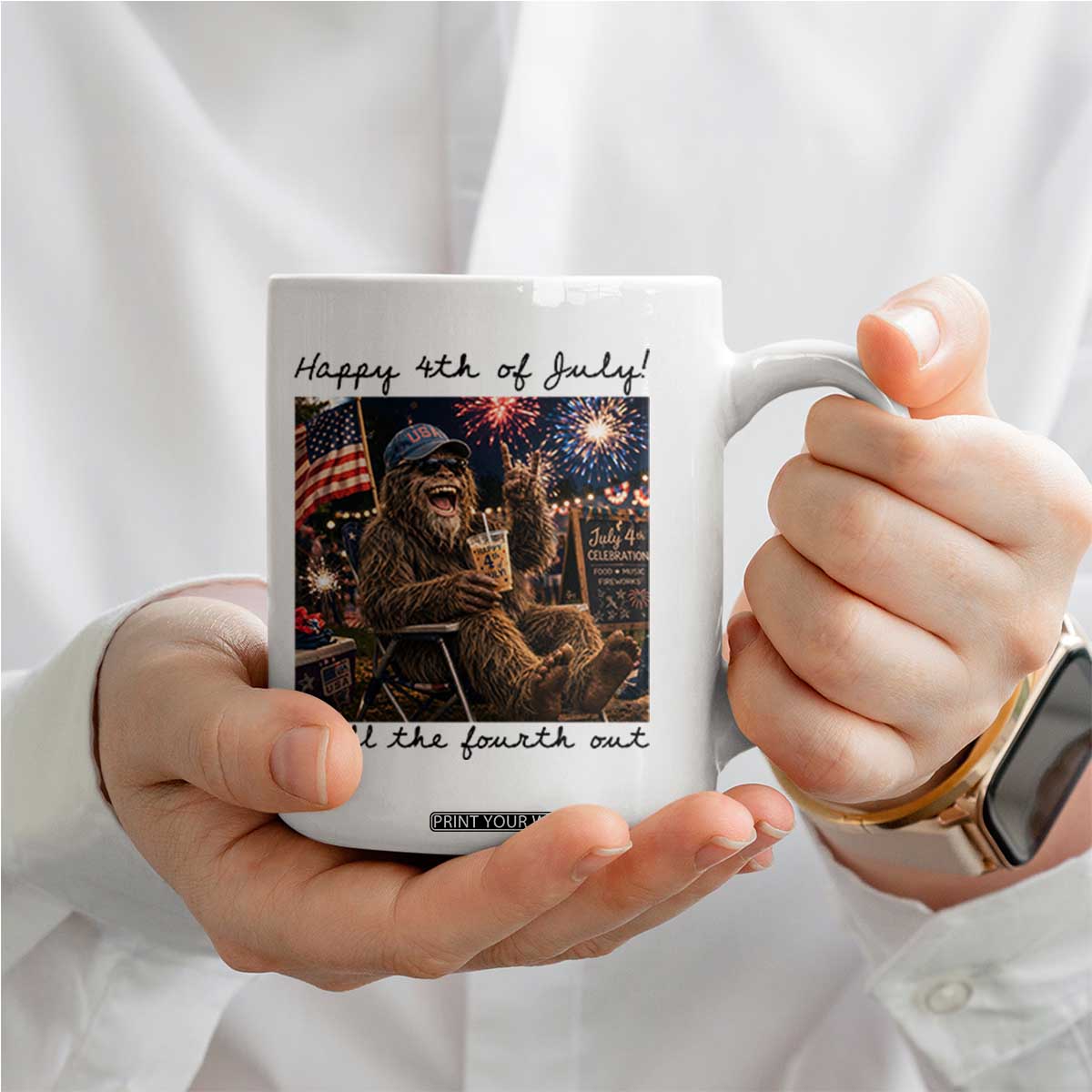 Funny Bigfoot 4th of July Coffee Mug Patriotic Sasquatch American Flag Party Festival TS14 Print Your Wear