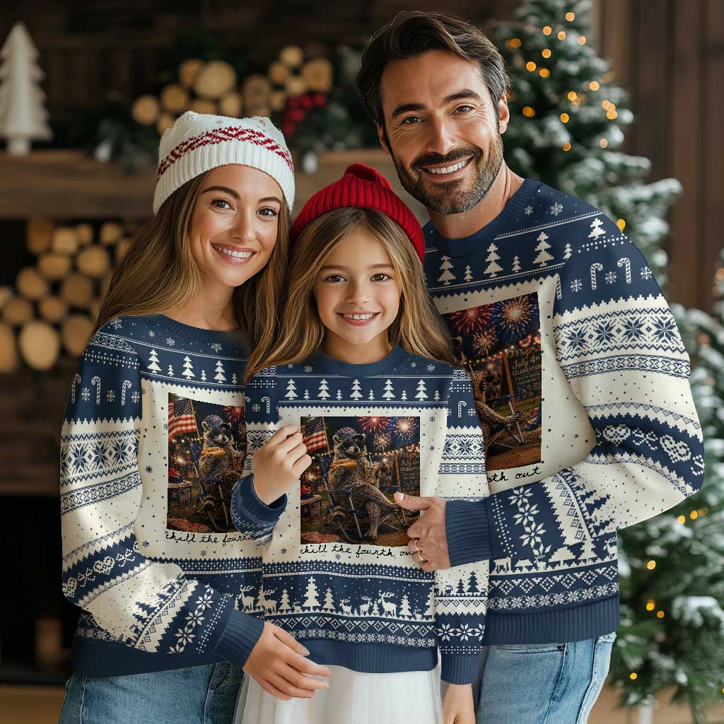4th of July Raccoon Ugly Christmas Sweater Chill The Fourth Out TS14 Beige Navy Print Your Wear
