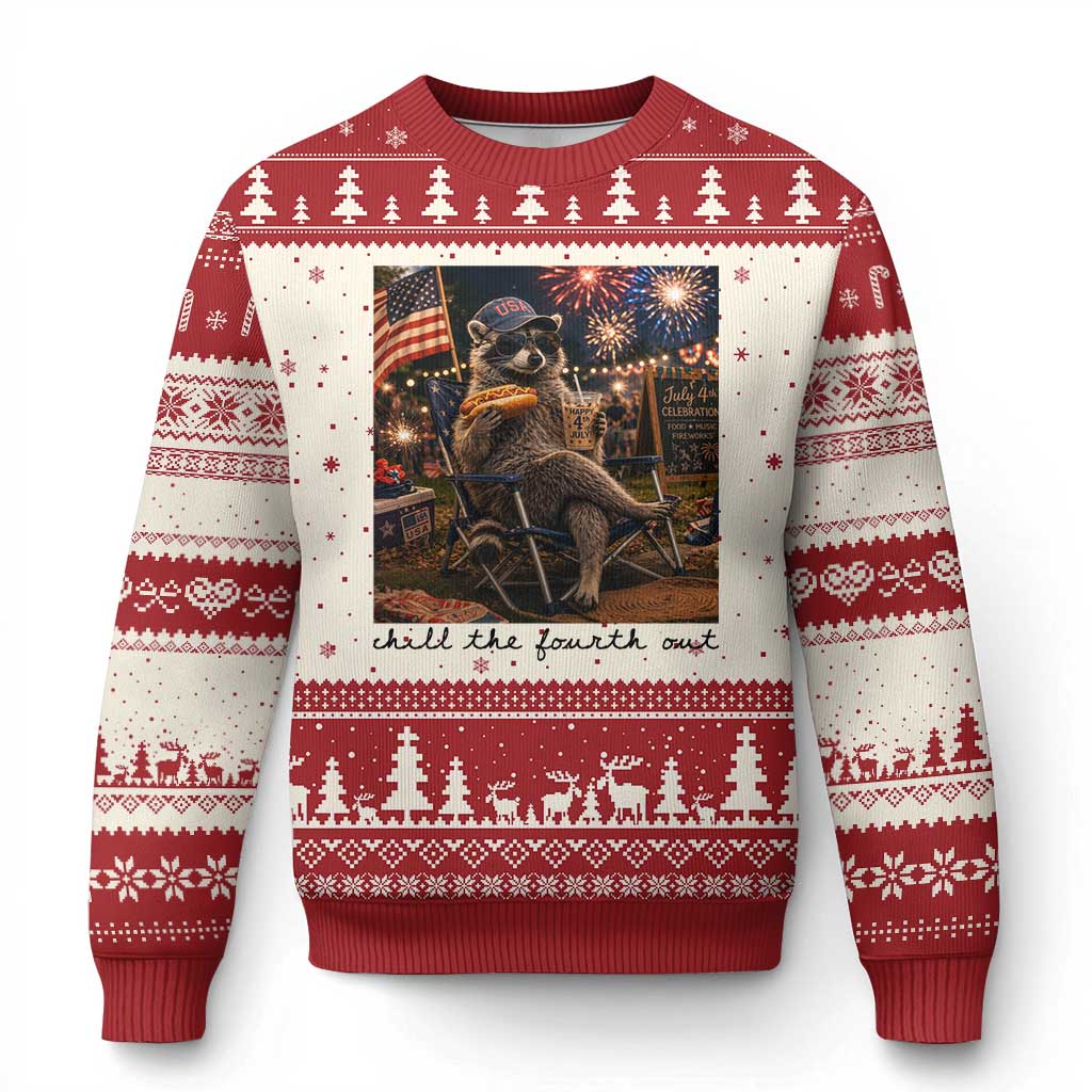 4th of July Raccoon Ugly Christmas Sweater Chill The Fourth Out TS14 Beige Red Print Your Wear
