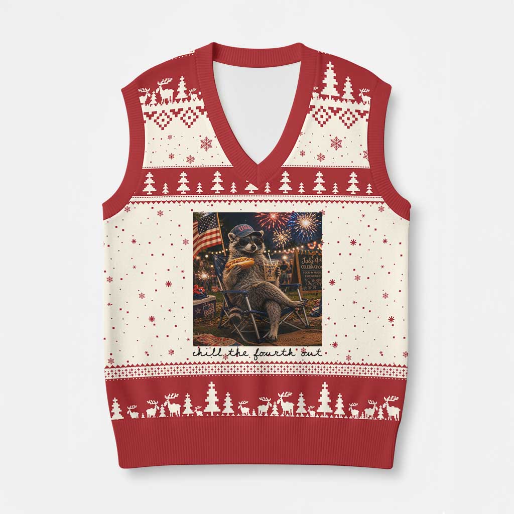 4th of July Raccoon V-Neck Knit Sweater Vest Chill The Fourth Out TS14 Beige Red Print Your Wear