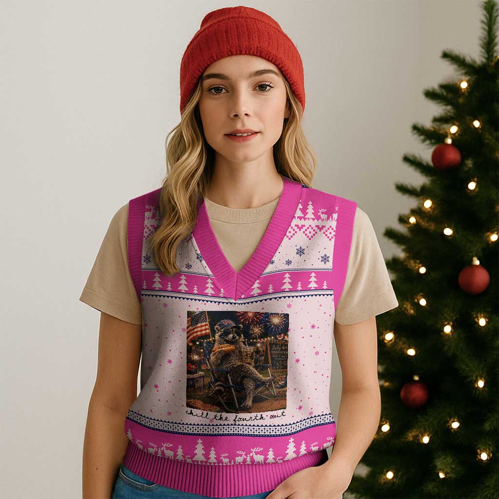 4th of July Raccoon V-Neck Knit Sweater Vest Chill The Fourth Out TS14 Hot Pink Print Your Wear