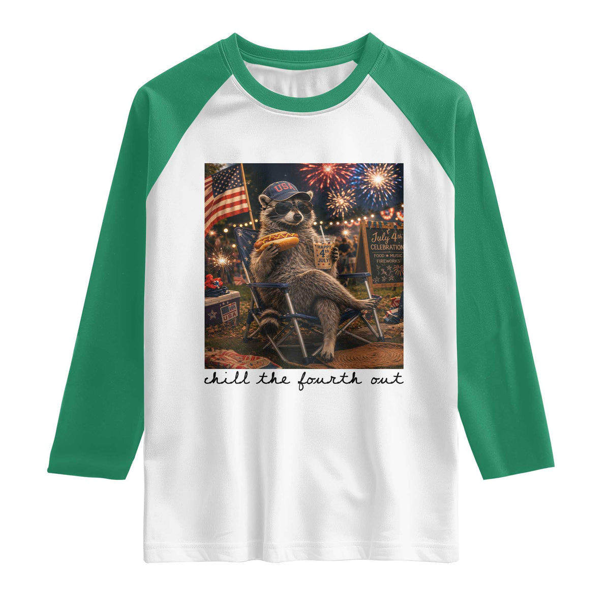 4th of July Raccoon Raglan Shirt Chill The Fourth Out TS14 White Kelly Green Print Your Wear