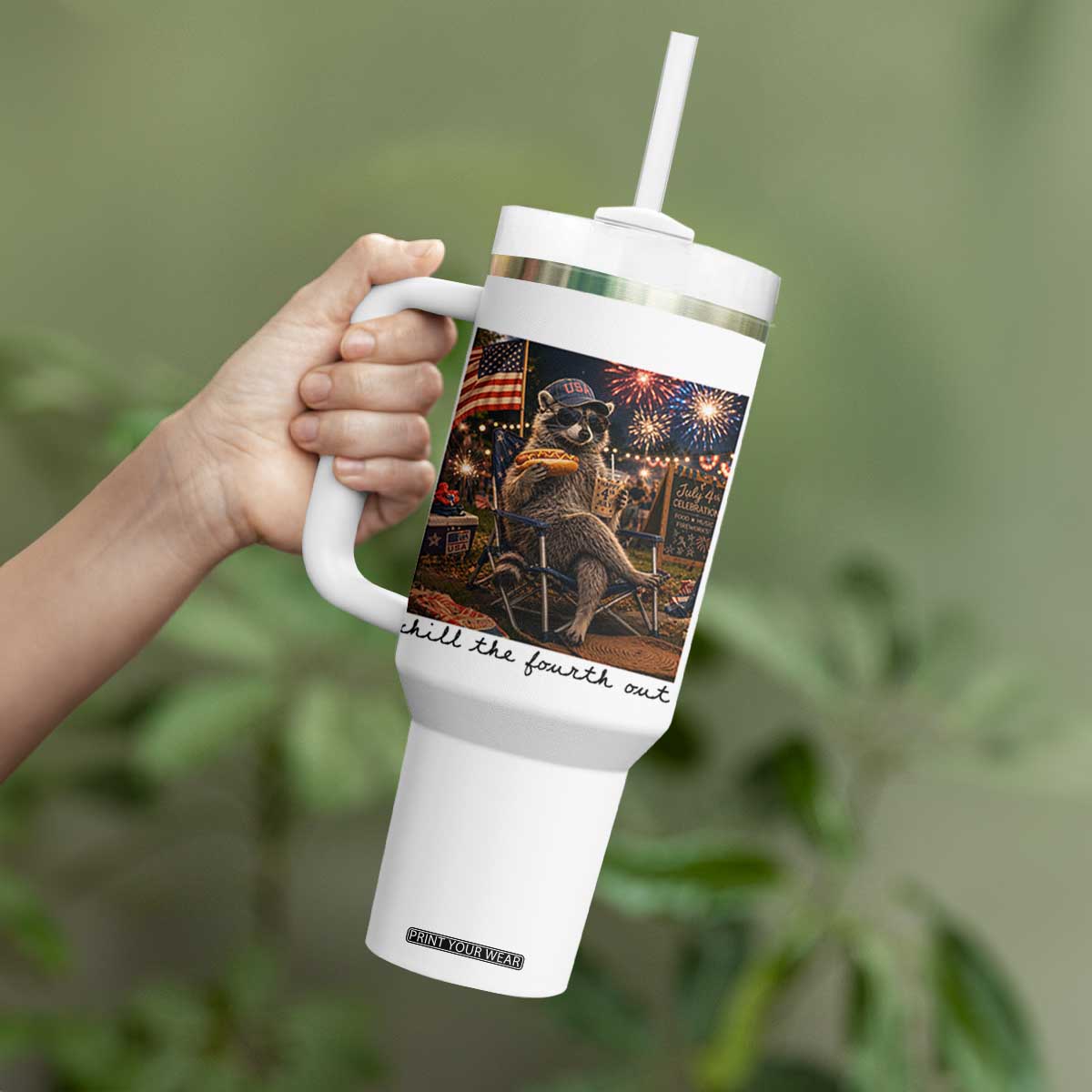 4th of July Raccoon Tumbler With Handle Chill The Fourth Out TS14 Print Your Wear