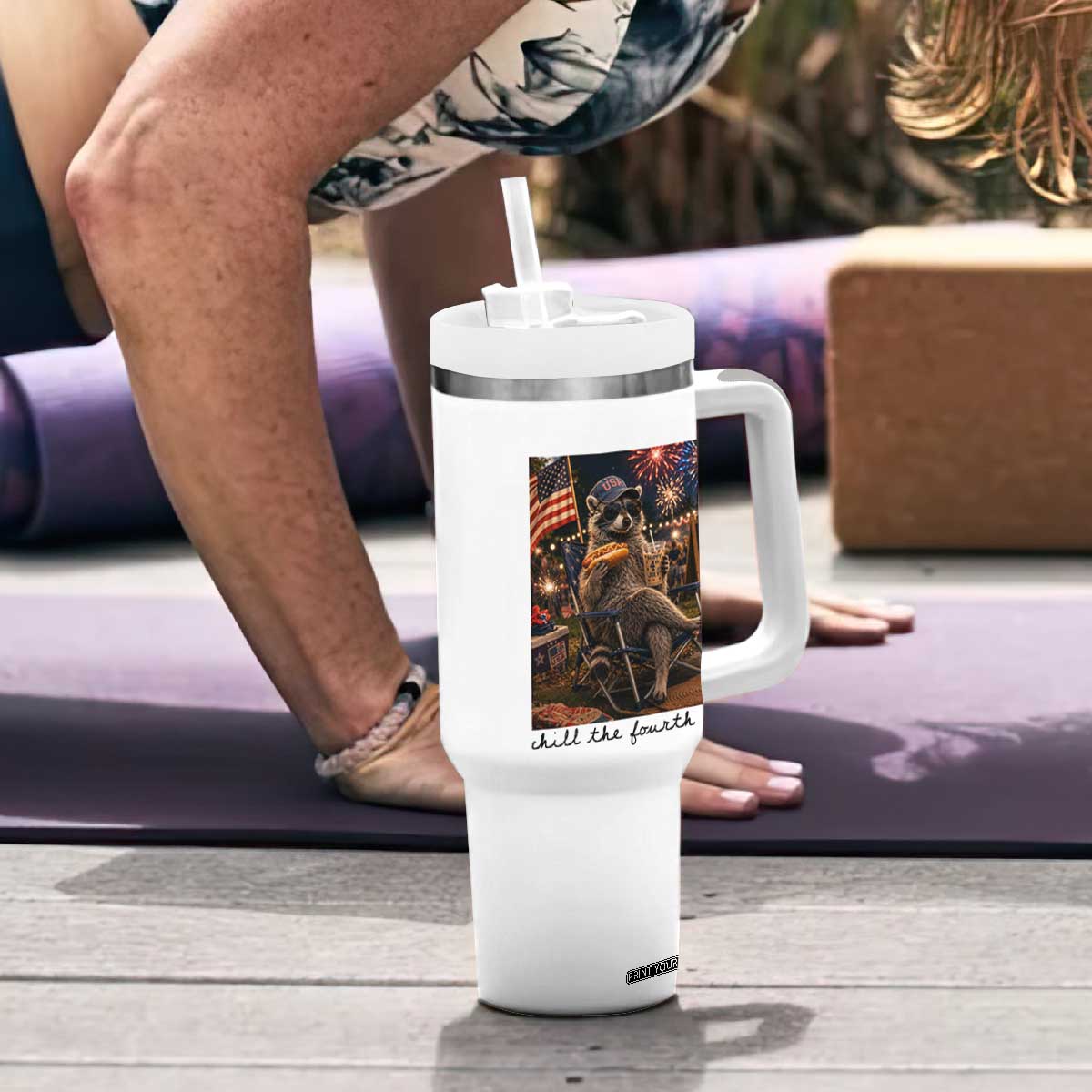 4th of July Raccoon Tumbler With Handle Chill The Fourth Out TS14 Print Your Wear