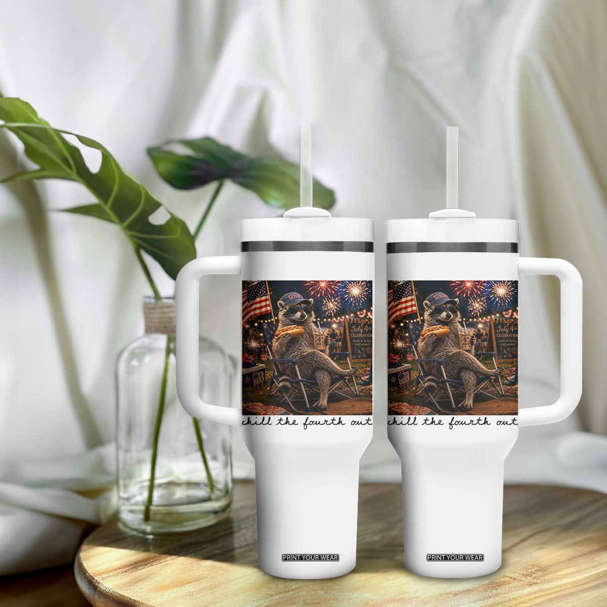 4th of July Raccoon Tumbler With Handle Chill The Fourth Out TS14 Print Your Wear