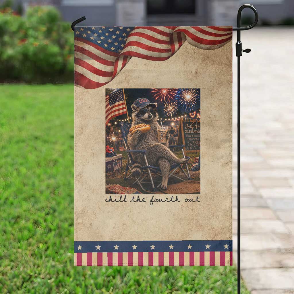 4th of July Raccoon Patriotic Garden Flag Chill The Fourth Out TS14 Vintage Rustic Tan Navy Print Your Wear