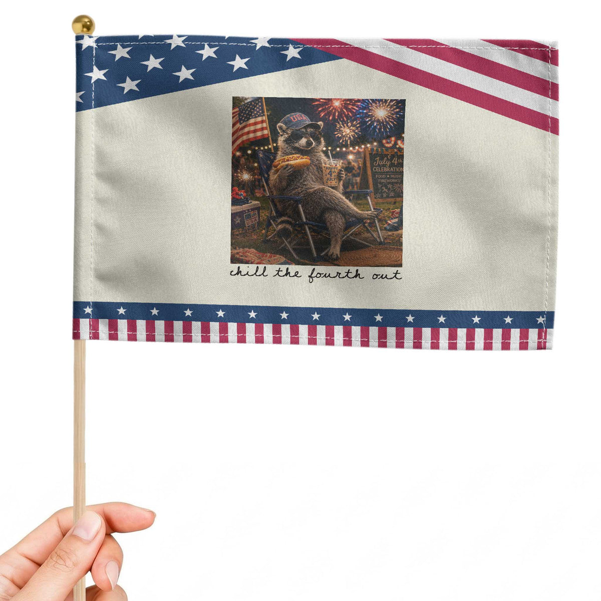 4th of July Raccoon Patriotic Handheld Flag Chill The Fourth Out TS14 Modern 8.2