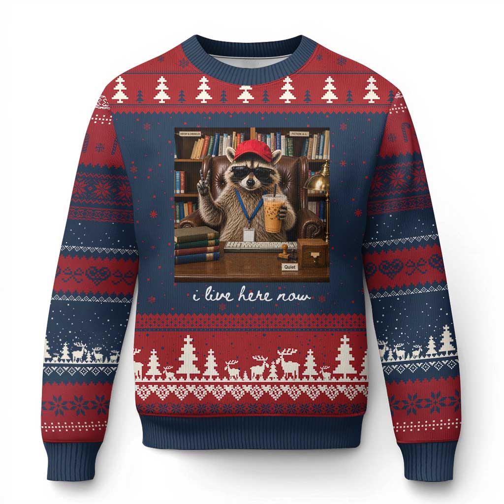 School Librarian Ugly Christmas Sweater I Live Here Now Back to School