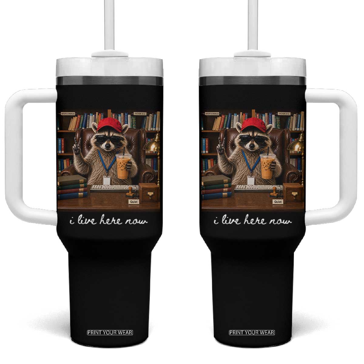 School Librarian Tumbler With Handle I Live Here Now Back to School