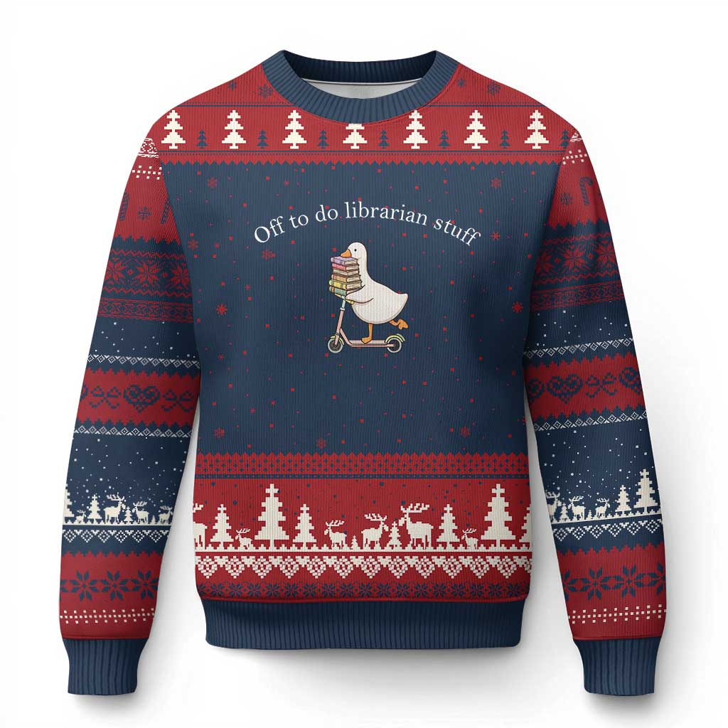 Silly Goose Librarian Ugly Christmas Sweater Off To Do Librarian Stuff Book Lover Gift TS14 Navy Red Print Your Wear
