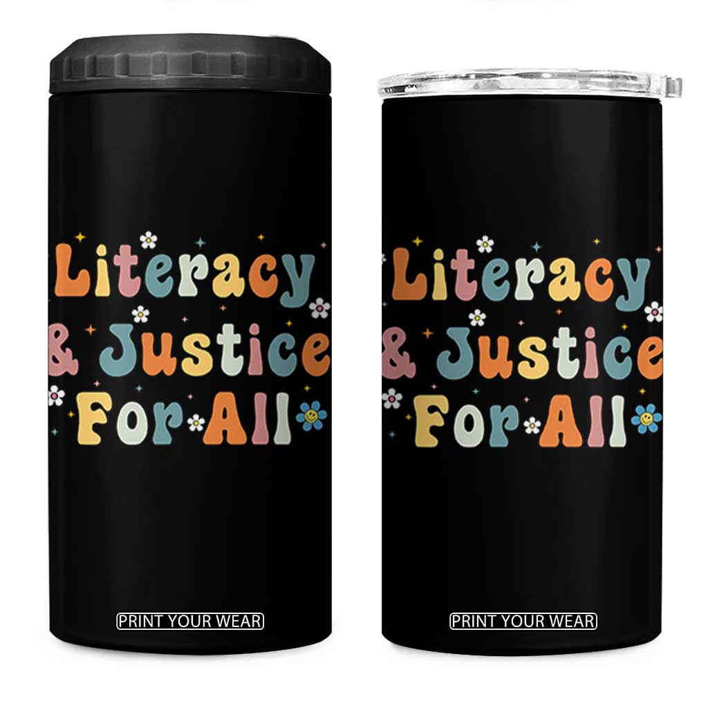 Literacy Justice for All Stop Book Banning Protect Librarian 4 in 1 Can Cooler Tumbler TS14 One Size: 16 oz Black Print Your Wear