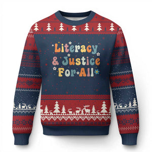 Literacy Justice for All Stop Book Banning Protect Librarian Ugly Christmas Sweater TS14 Navy Red Print Your Wear