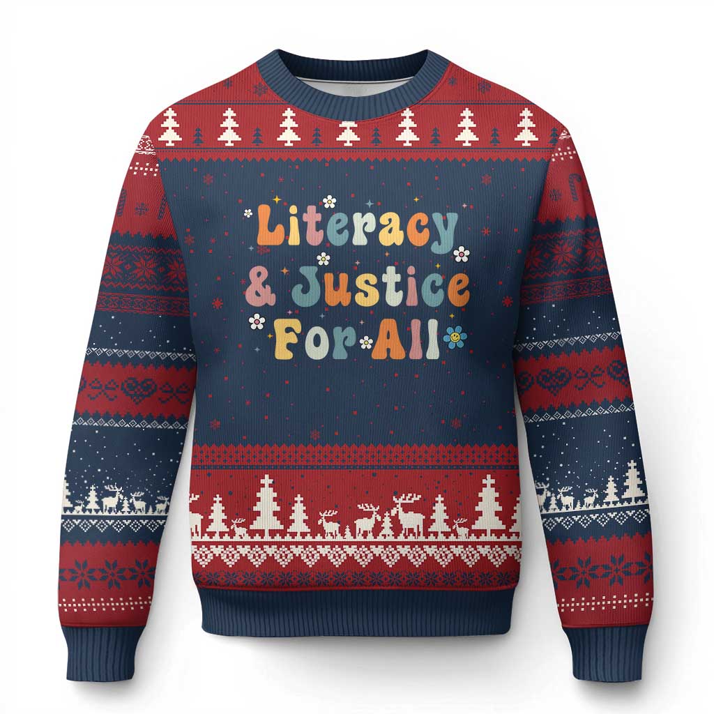 Literacy Justice for All Stop Book Banning Protect Librarian Ugly Christmas Sweater TS14 Navy Red Print Your Wear
