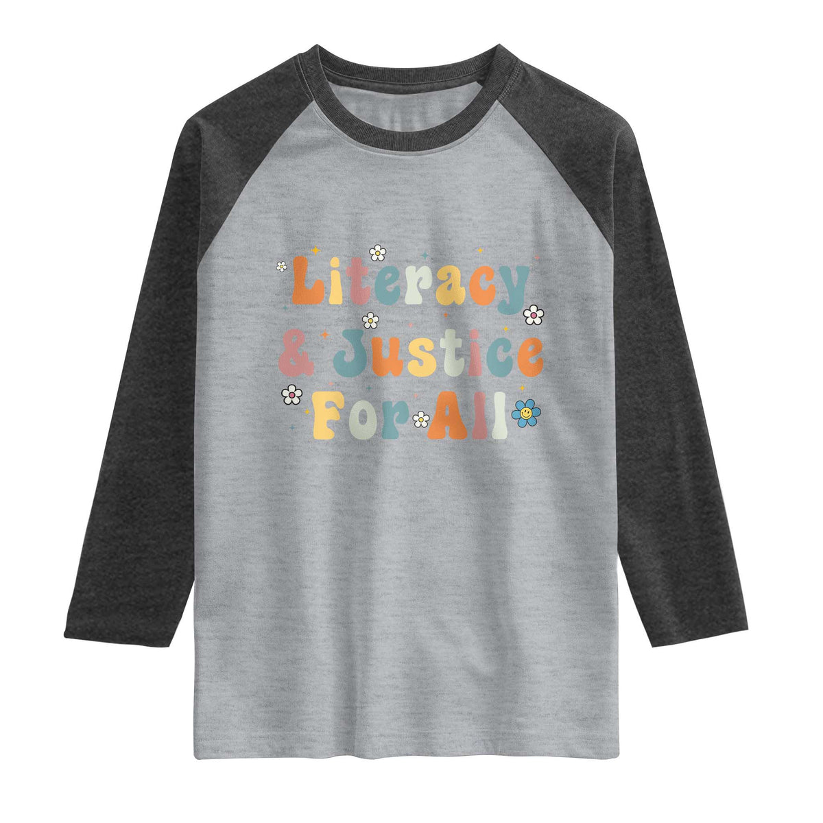Literacy Justice for All Stop Book Banning Protect Librarian Raglan Shirt TS14 Heather Gray Heather Charcoal Print Your Wear
