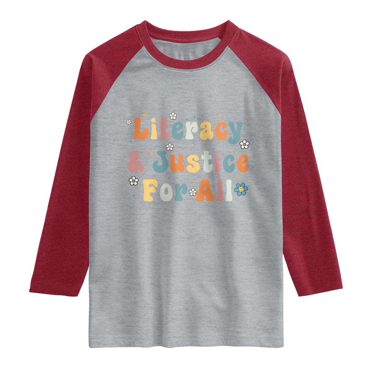 Literacy Justice for All Stop Book Banning Protect Librarian Raglan Shirt TS14 Heather Gray Heather Red Print Your Wear