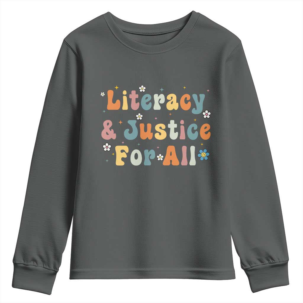 Literacy Justice for All Stop Book Banning Protect Librarian Youth Sweatshirt TS14 Dark Heather Print Your Wear