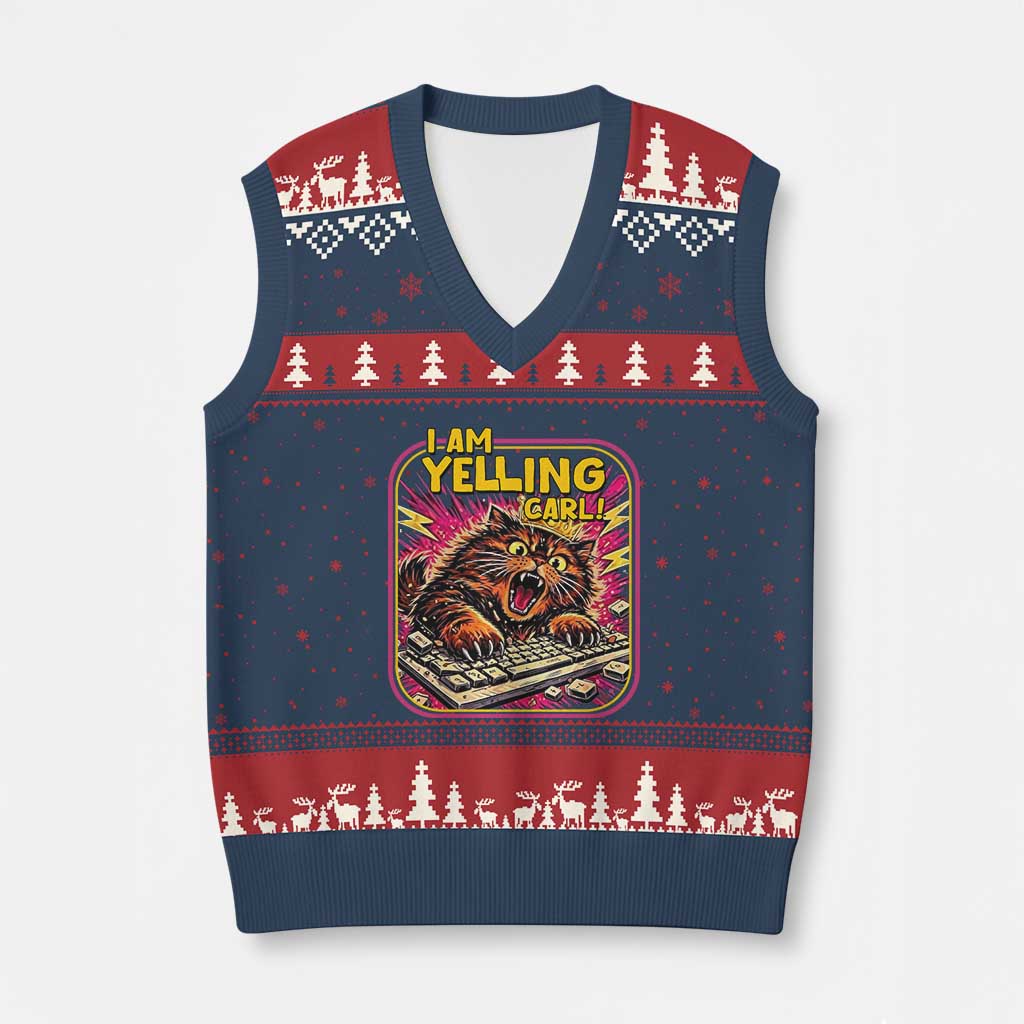 Funny I Am Yelling Carl V-Neck Knit Sweater Vest Screaming Donut Cat Meme