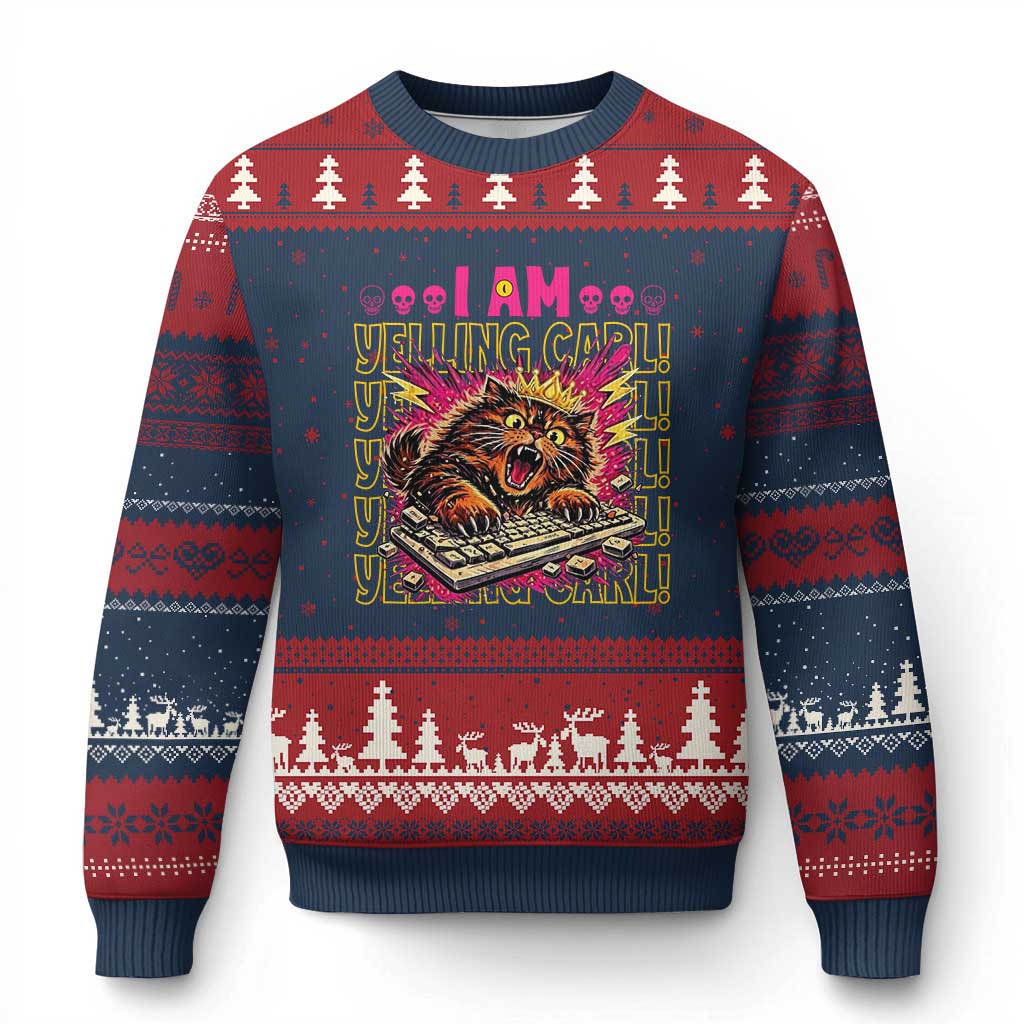 Funny I Am Yelling Carl Donut Cat Meme Ugly Christmas Sweater TS14 Navy Red Print Your Wear