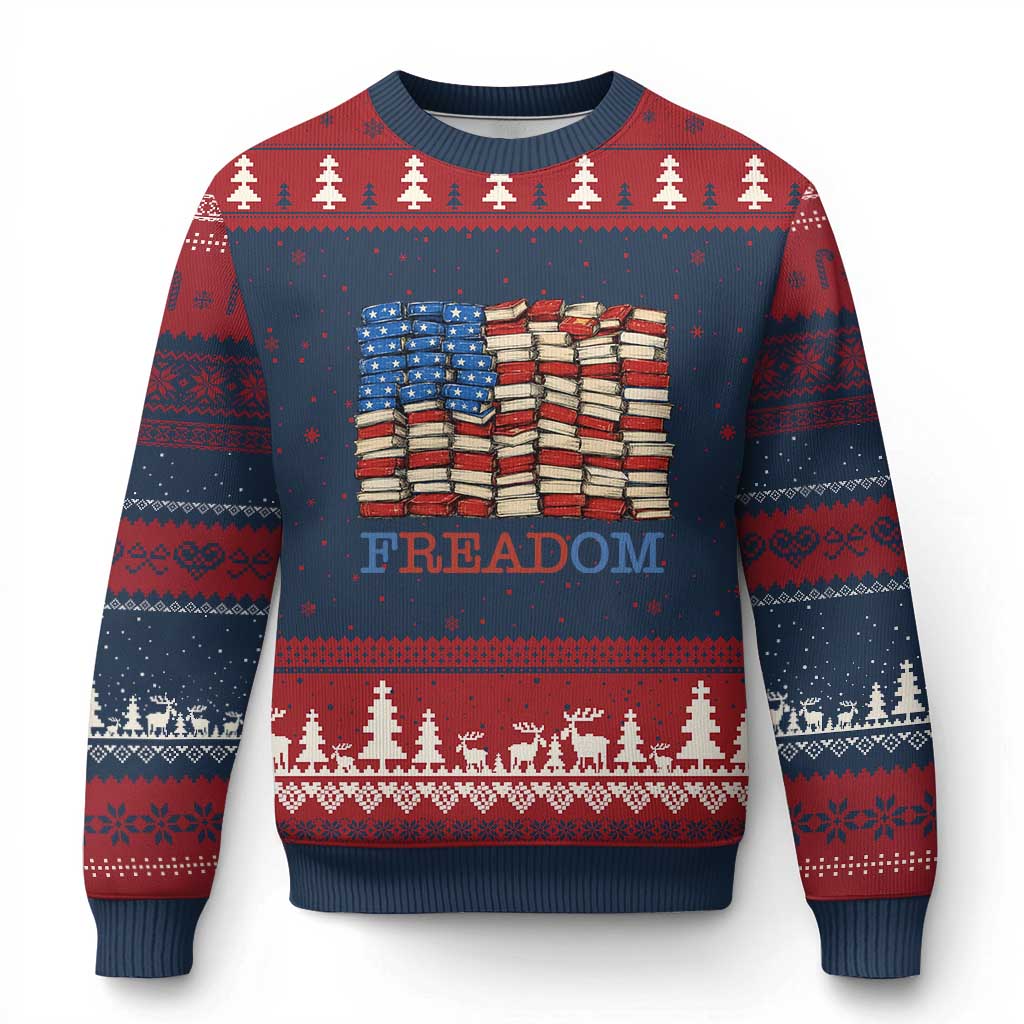 Freedom to Read Books Freadom Ugly Christmas Sweater USA Flag Patriotic Library Book Lover TS14 Navy Red Print Your Wear