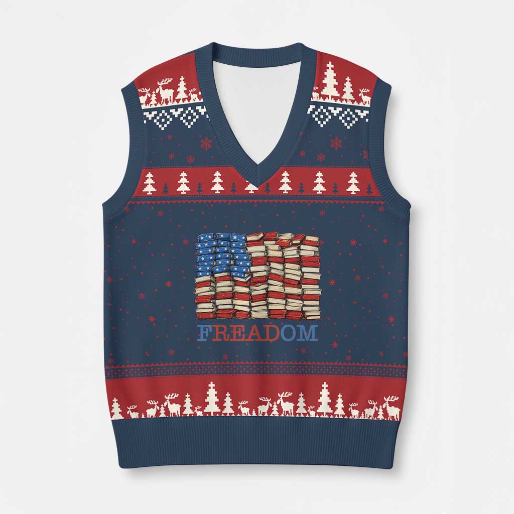 Freedom to Read Books Freadom V-Neck Knit Sweater Vest USA Flag Patriotic Library Book Lover TS14 Navy Red Print Your Wear