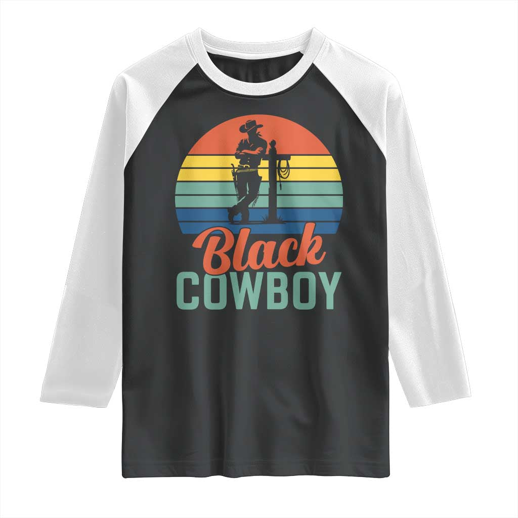 Black Cowboy Sunset Raglan Shirt Western Rodeo Cross TS14 Black White Print Your Wear