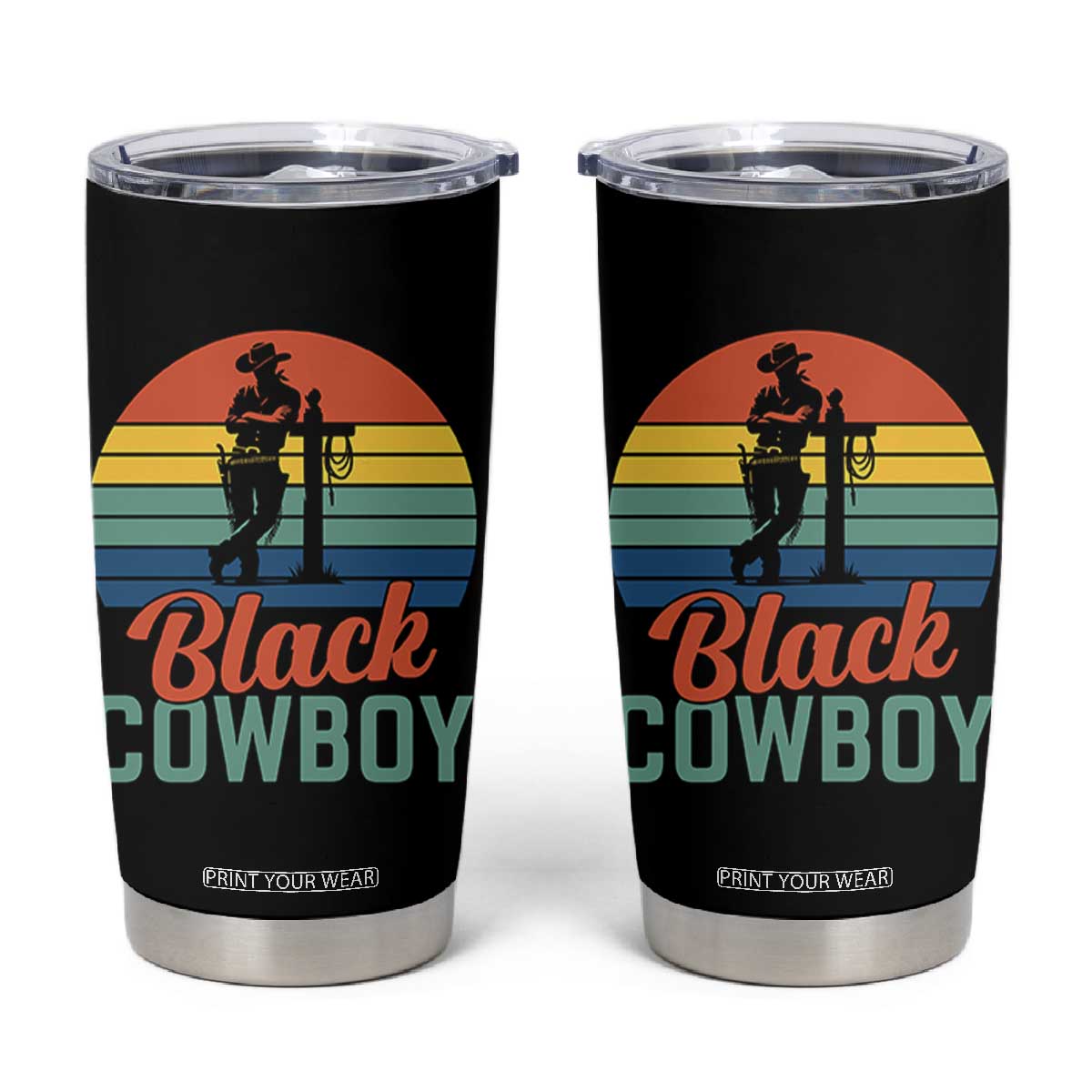 Black Cowboy Sunset Tumbler Cup Western Rodeo Cross TS14 Black Print Your Wear