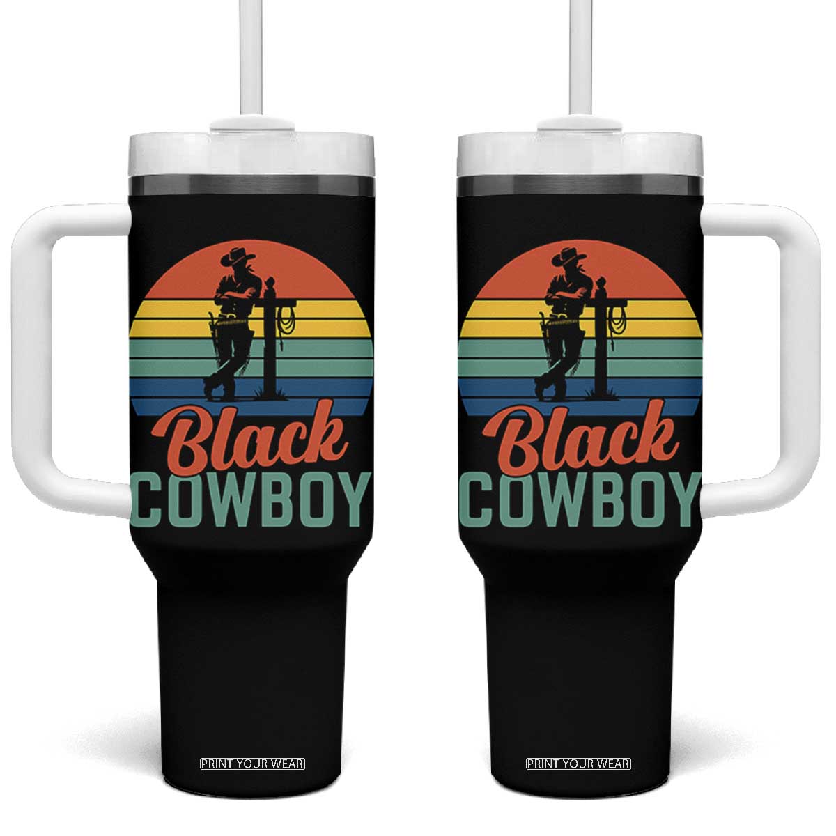 Black Cowboy Sunset Tumbler With Handle Western Rodeo Cross TS14 One Size: 40 oz Black Print Your Wear